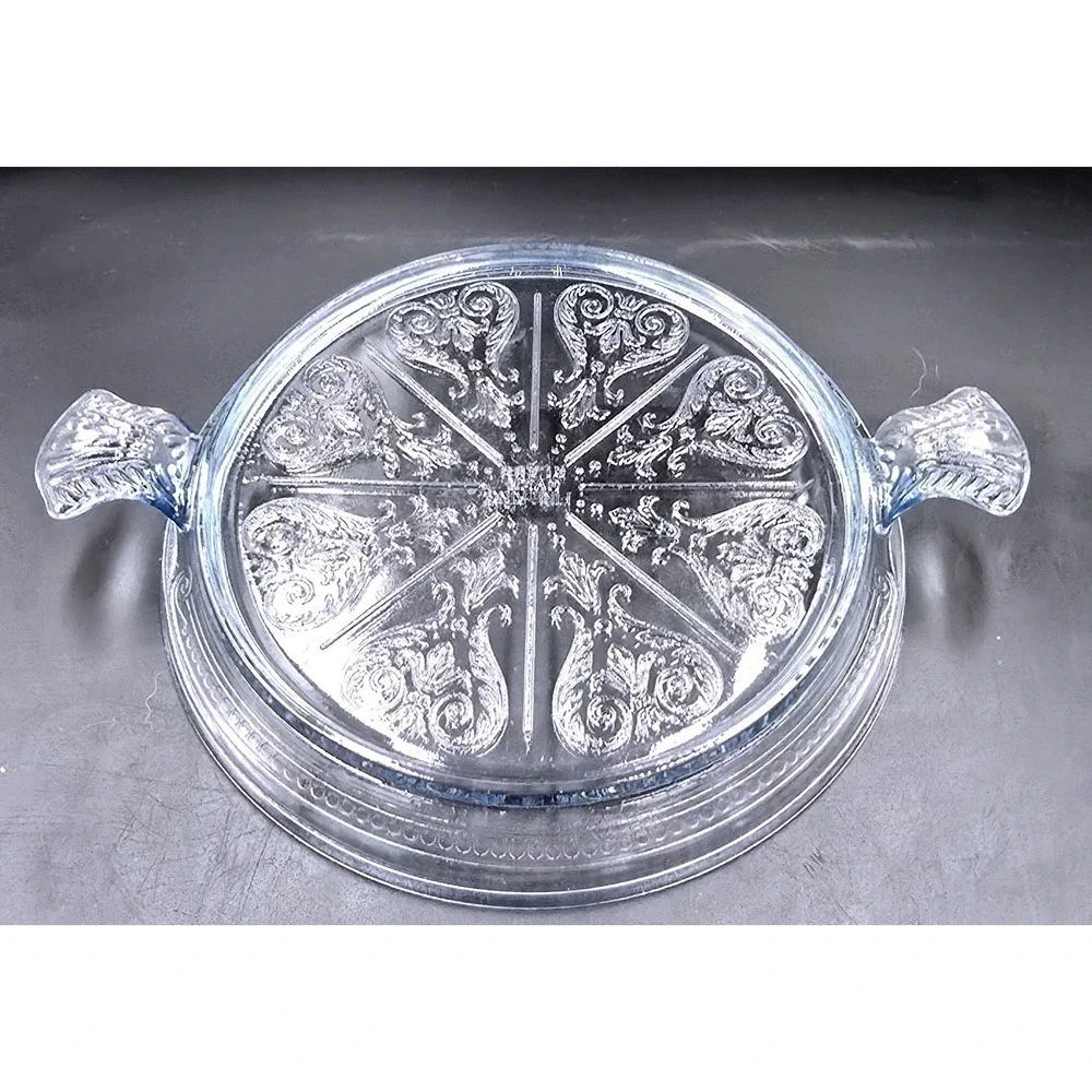 Philbe Sapphire Blue Fire King Glass Serving Dish and Trivet‎ SET Floral Etched